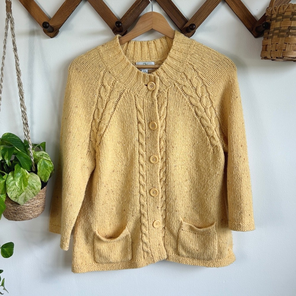 Vintage Studio Works Petite PM Yellow Cable Knit Wool Blend Cardigan Cottage
